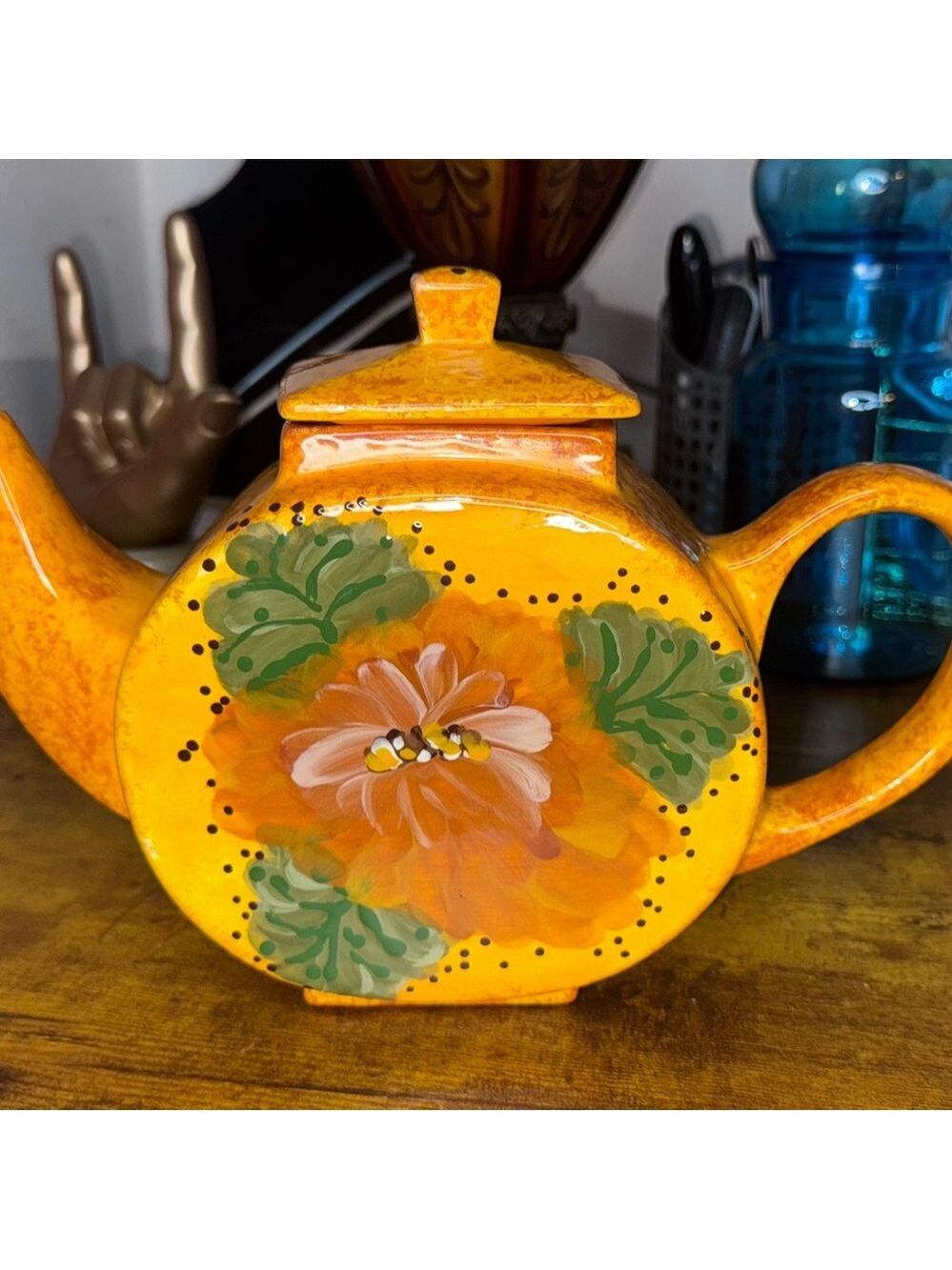 orange Art glazed signed handle spout top
Musty Orange green decorative art